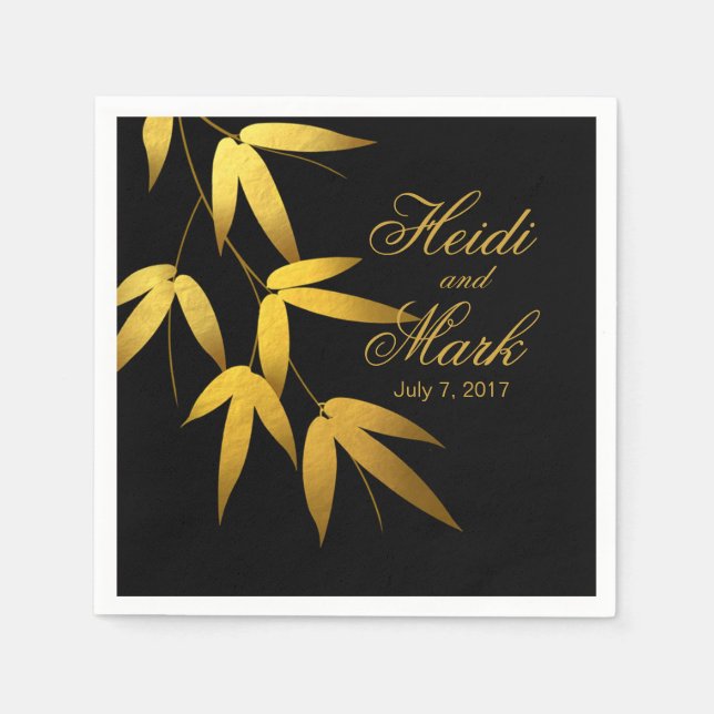 Glam Bamboo Leaves Gold Foil | black Napkin (Front)