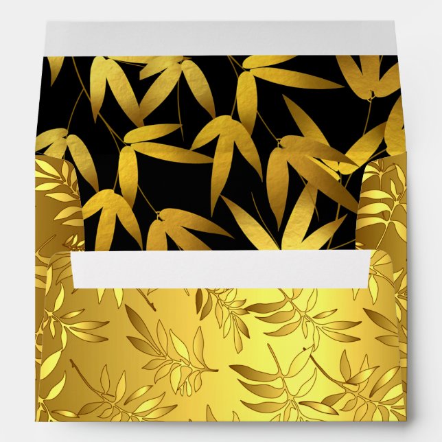 Glam Bamboo Leaves Gold Foil | gold & black Envelope (Back (Bottom))
