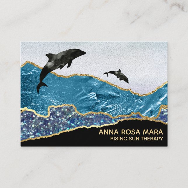 *~* Glam Beach Dolphins Gold Glitter Black Teal Business Card (Front)