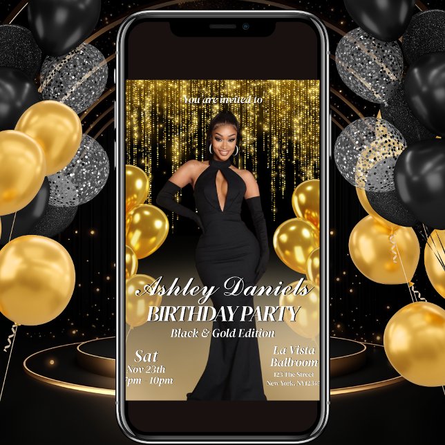 Glam Black and Gold Birthday Party Invitation (Creator Uploaded)