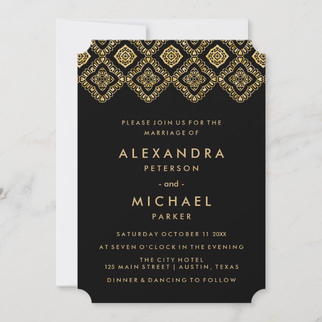 Glam Black and Gold Eastern Inspired Wedding Invitation (Front)