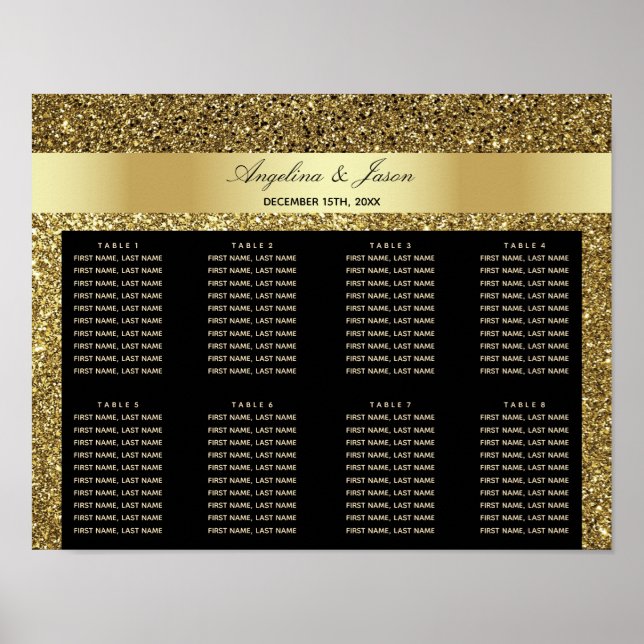 Glam Black and Gold Glitter Wedding Seating Chart (Front)