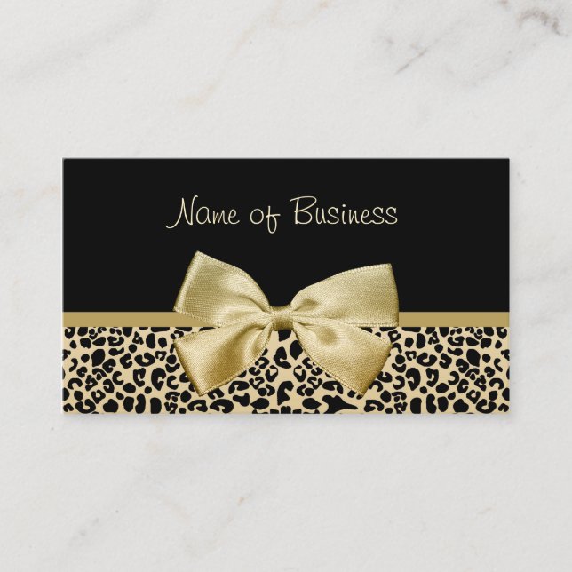 Glam Black And Gold Leopard Print Gold Ribbon Business Card (Front)