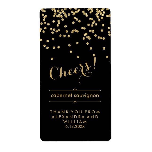 Glam Black and Gold Wedding Wine Bottle Label (Front)