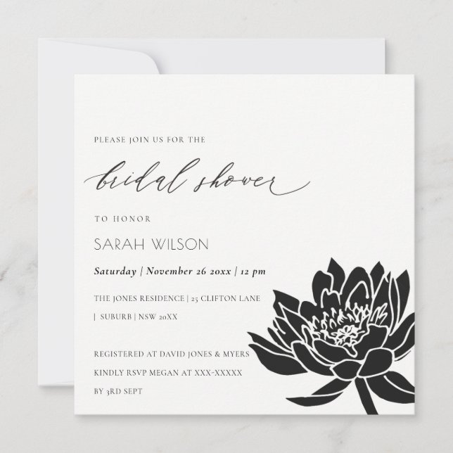 Glam Black and White Lotus Floral Bridal Shower Invitation (Front)