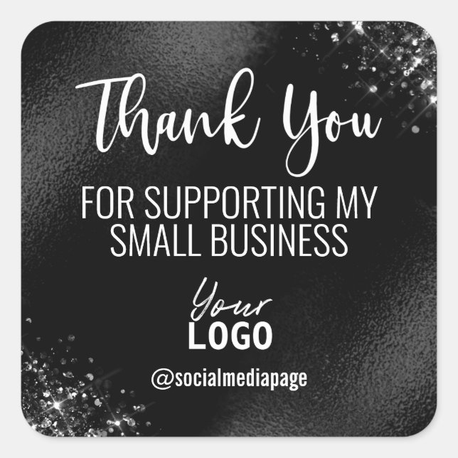 Glam Black And White Thank You Small Business Logo Square Sticker (Front)