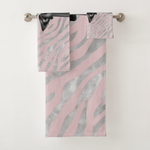 Glam Black Bow Diamond Pink Silver Zebra Print Bath Towel Set