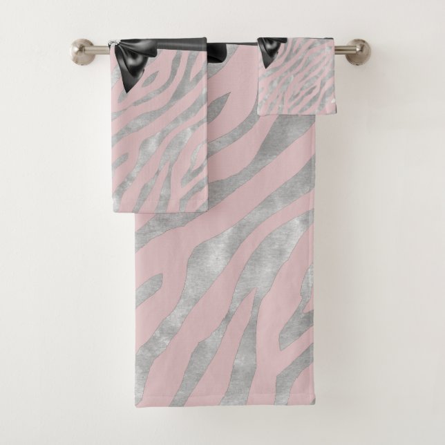 Glam Black Bow Diamond Pink Silver Zebra Print Bath Towel Set (Insitu)