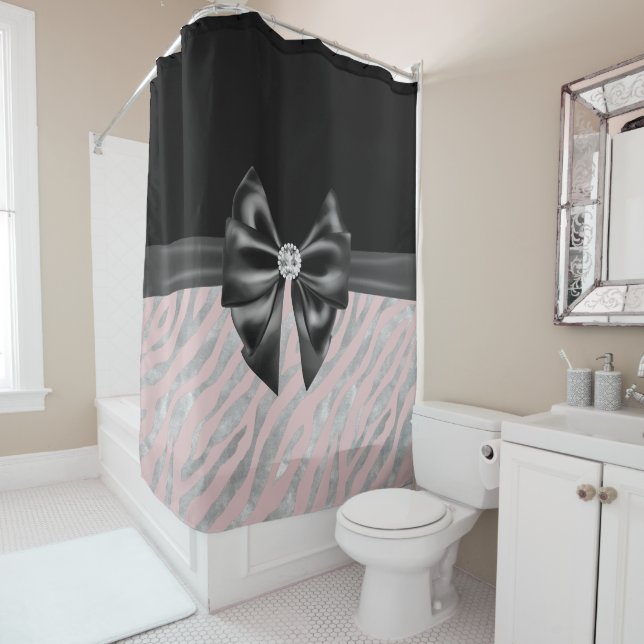 Glam Black Bow Diamond Pink Silver Zebra Print Shower Curtain (In Situ)