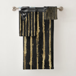 Glam Black Bow Gold Butterflies & Stripes Bath Towel Set