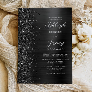 Glam Black Brushed Metal Glitter Script Wedding Invitation