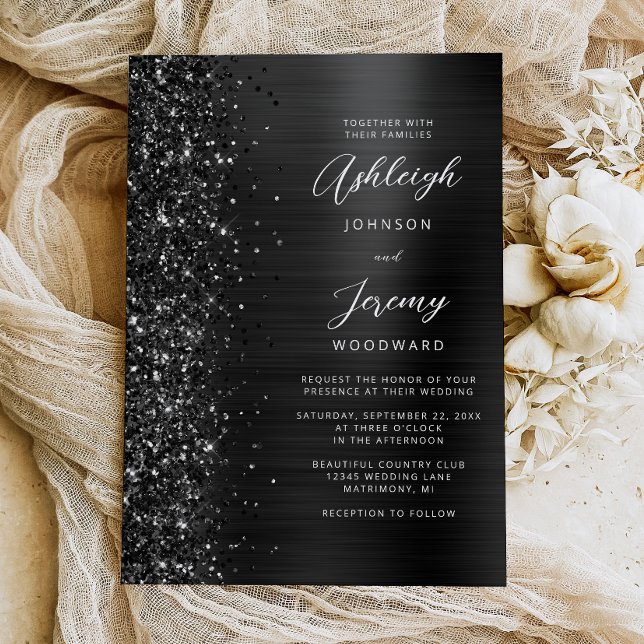 Glam Black Brushed Metal Glitter Script Wedding Invitation (Creator Uploaded)