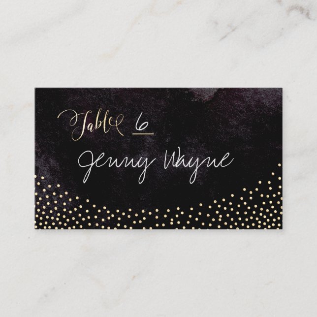 Glam black faux gold glitter place cards (Front)