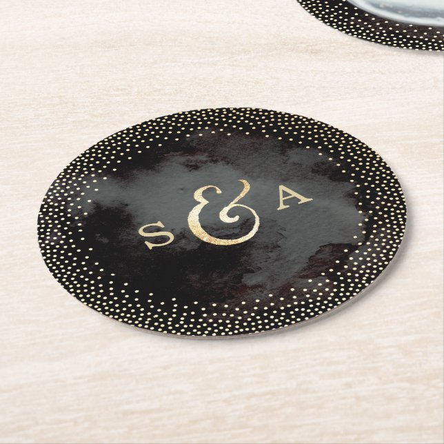 Glam black faux gold glitter wedding monogram round paper coaster (Angled)