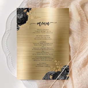 Glam Black Floral Gold Brushed Metal Wedding Menu