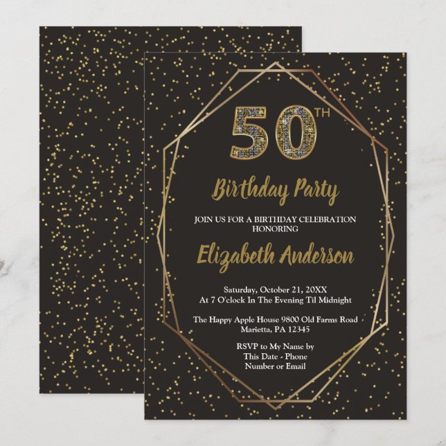Glam Black Gold 50th Birthday Party Invitation (Front/Back)