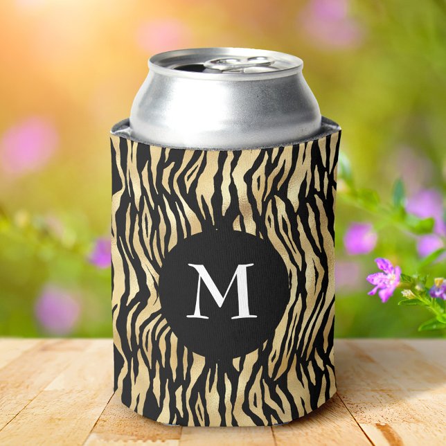 Glam Black Gold Animal Print Pattern Cool Monogram Can Cooler (Creator Uploaded)