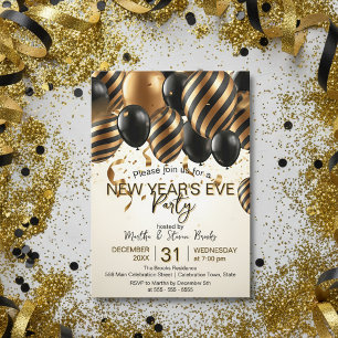 Glam Black Gold Balloons New Year's Eve Party Invitation