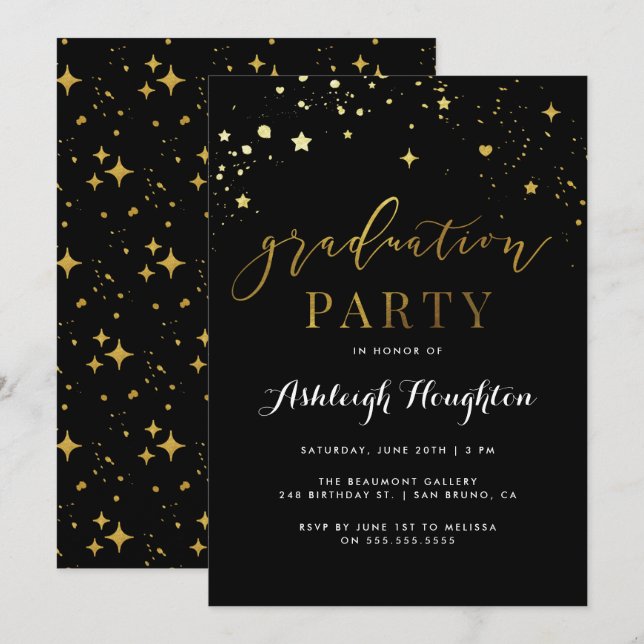 Glam Black & Gold Confetti Graduation Party Invitation (Front/Back)
