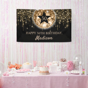 Glam Black Gold Disco Ball Happy 30th Birthday Banner
