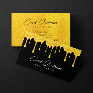 Glam Black Gold Glitter Drips Nail Artist Salon Business Card