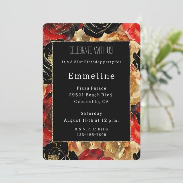 Glam Black Gold Glitter Glitzy Floral Birthday   Invitation (Standing Front)