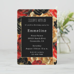 Glam Black Gold Glitter Glitzy Floral Birthday Invitation