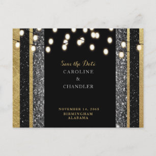 Glam Black & Gold Glitter Lights Save the Date Ann Announcement Postcard