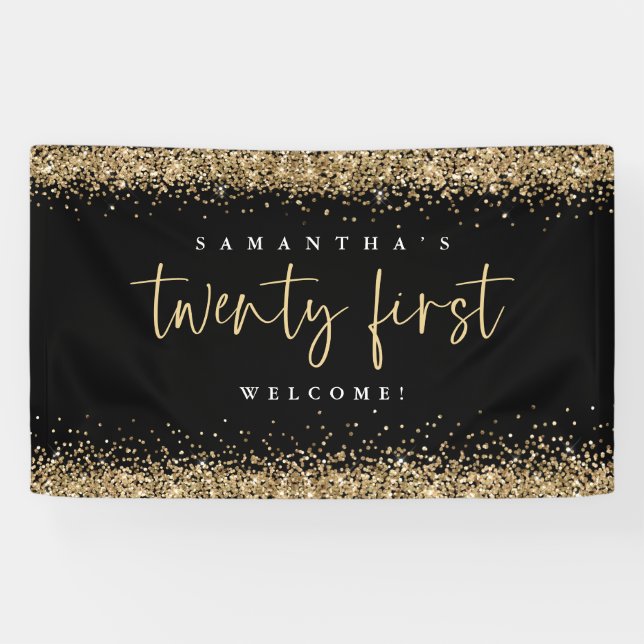 Glam Black Gold Glitter Name Welcome 21st Banner (Horizontal)
