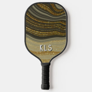 Glam Black & Gold Glitter Swirl Monogram Pickleball Paddle