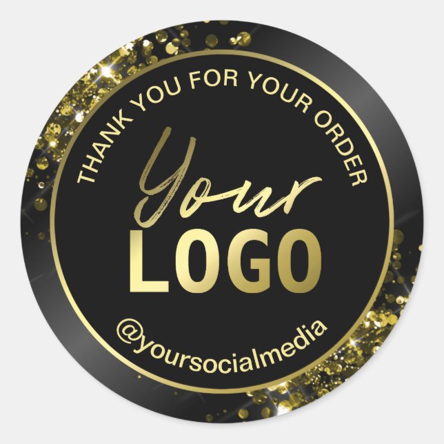 Glam Black Gold Glitter Thank You Envelope Classic Round Sticker (Front)