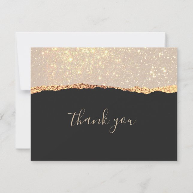 Glam Black Gold Glitter Wedding Thank You Card (Front)