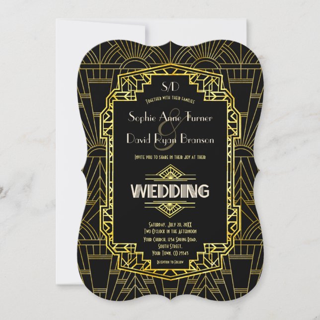 Glam Black & Gold Great Gatsby Art Deco Wedding Invitation (Front)