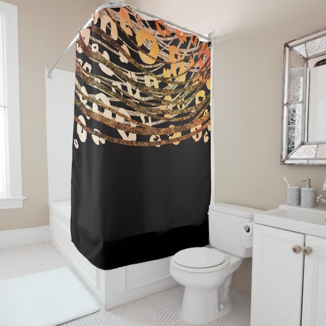 Glam Black Gold Orange Bronze Cheetah Leopard Shower Curtain (In Situ)