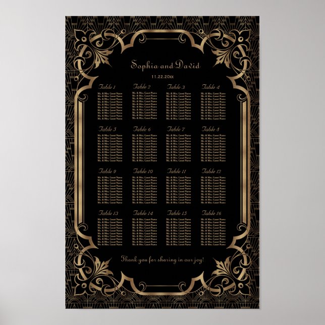 Glam Black Great Gatsby Art Deco 20s Seating Chart (Front)