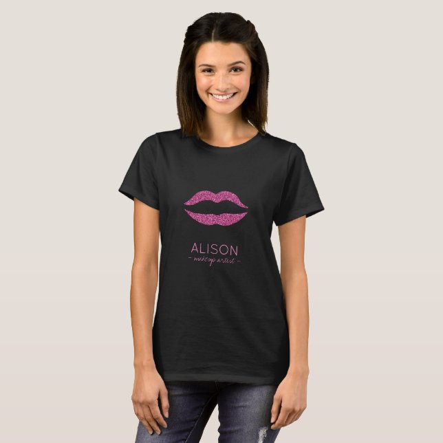 Glam black hot pink glitter big lips makeup artist T-Shirt (Front Full)