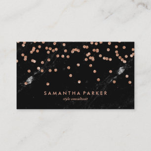 Glam Black Marble Look and Faux Rose Gold Confetti Business Card