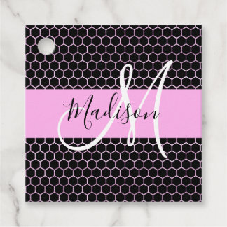 Glam Black Metallic Pink Honeycomb Monogram Name Favour Tags