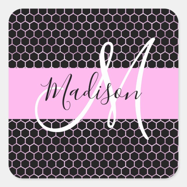 Glam Black Metallic Pink Honeycomb Monogram Name Square Sticker (Front)