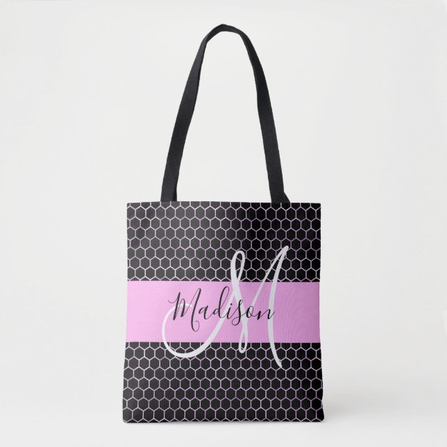 Glam Black Metallic Pink Honeycomb Monogram Name Tote Bag (Front)
