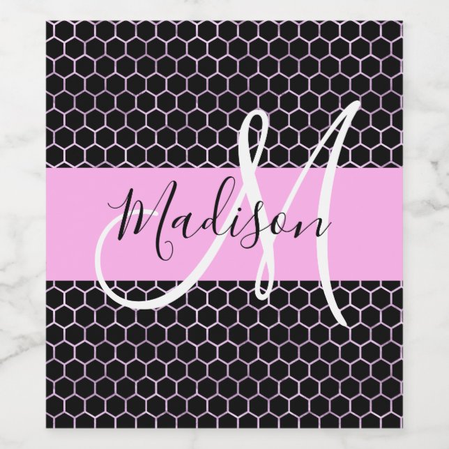 Glam Black Metallic Pink Honeycomb Monogram Name Wine Label (Single Label)
