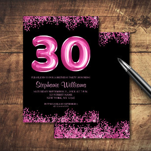 Glam Black Pink Foil Balloon 30th Birthday Party Invitation