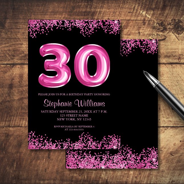 Glam Black Pink Foil Balloon 30th Birthday Party Invitation (Add your event details to personalize.  Matching items available in the collection.)