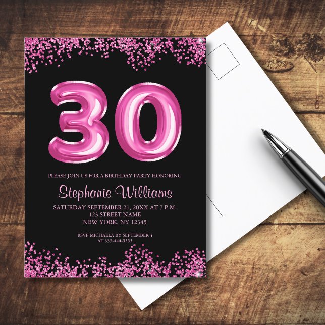 Glam Black Pink Foil Balloon 30th Birthday Party Invitation Postcard (Personalize with your party details.  Matching items available in collection)