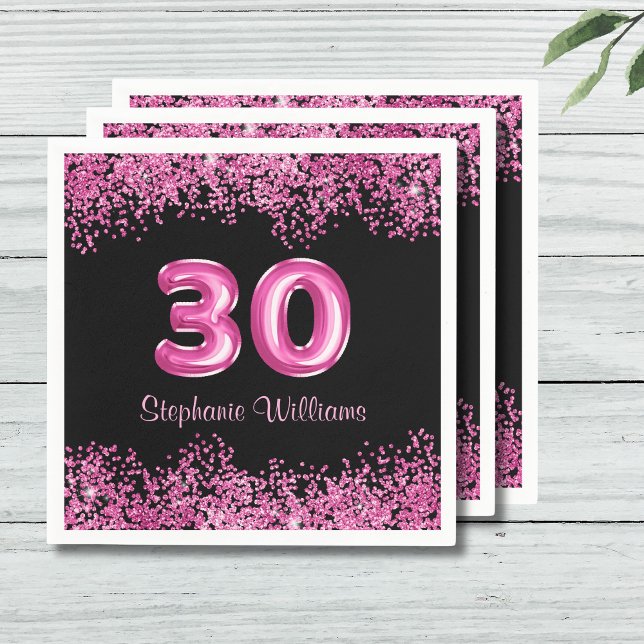 Glam Black Pink Foil Balloon 30th Birthday Party Napkin (Personalize with Name.  Matching items available in collection)
