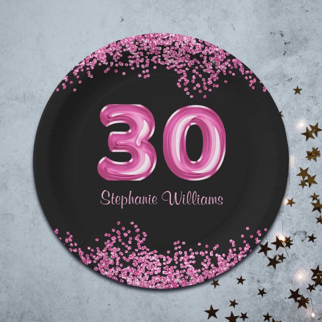 Glam Black Pink Foil Balloon 30th Birthday Party  Paper Plate (Personalize with name of Birthday celebrant)