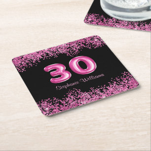 Glam Black Pink Foil Balloon 30th Birthday Party Square Paper Coaster