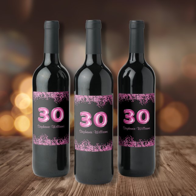 Glam Black Pink Foil Balloon 30th Birthday Party Wine Label (Personalize with name or other text.  Matching items available in the collection)