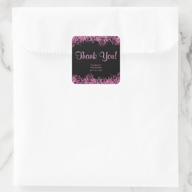 Glam Black Pink Foil Balloon 30th Birthday Thanks Square Sticker (Bag)