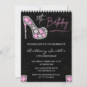 Glam Black Pink Silver Diamond 37th birthday Invitation